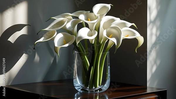 Obraz Elegant white calla lilies in vase on wooden surface