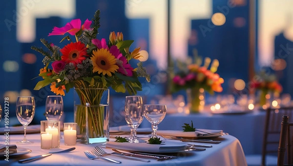 Obraz Elegant dinner table with flowers and wine at sunset