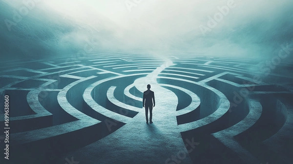 Fototapeta A solitary figure stands at a maze entrance facing an uncertain path a foggy landscape surrounds the intricate structure