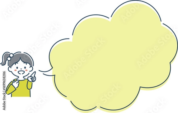 Obraz 笑顔で指差す女の子と吹き出しのシンプルな線画イラスト素材