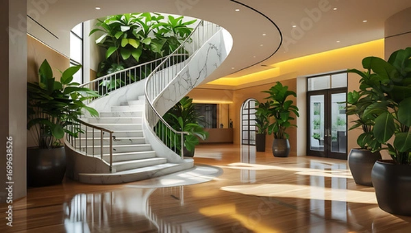 Obraz Spiral staircase surrounded by lush greenery in a bright modern interior design space