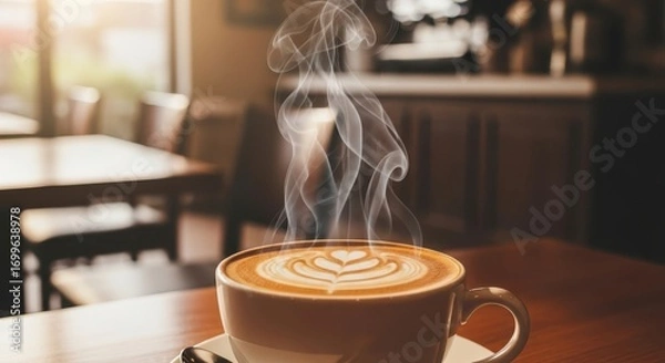 Obraz Steaming Latte Art Coffee Cup on Wooden Table in Cafe Setting