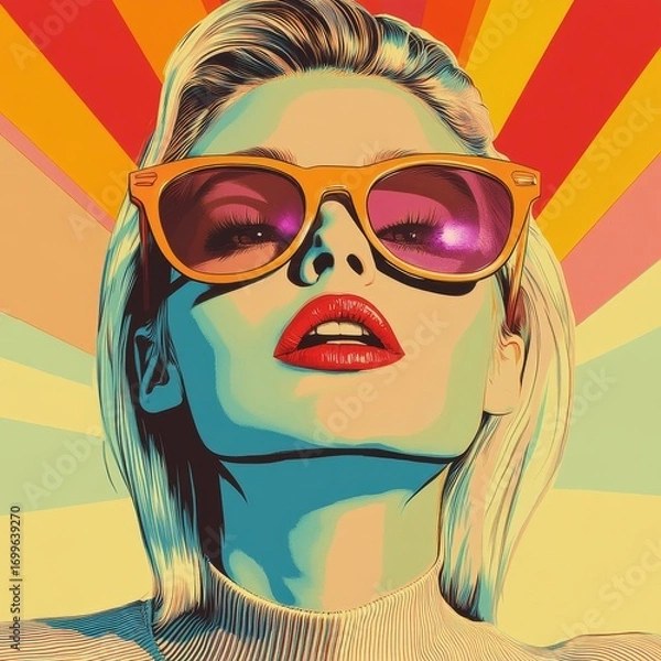 Fototapeta Pop art retro style pretty brunette young woman wearing headphones and sunglasses on vibrant colorful background. Created with, Generative AI