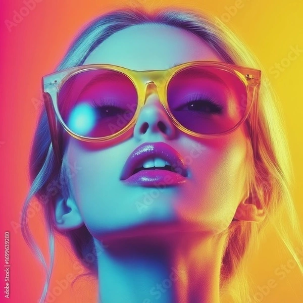 Fototapeta Pop art retro style pretty brunette young woman wearing headphones and sunglasses on vibrant colorful background. Created with, Generative AI