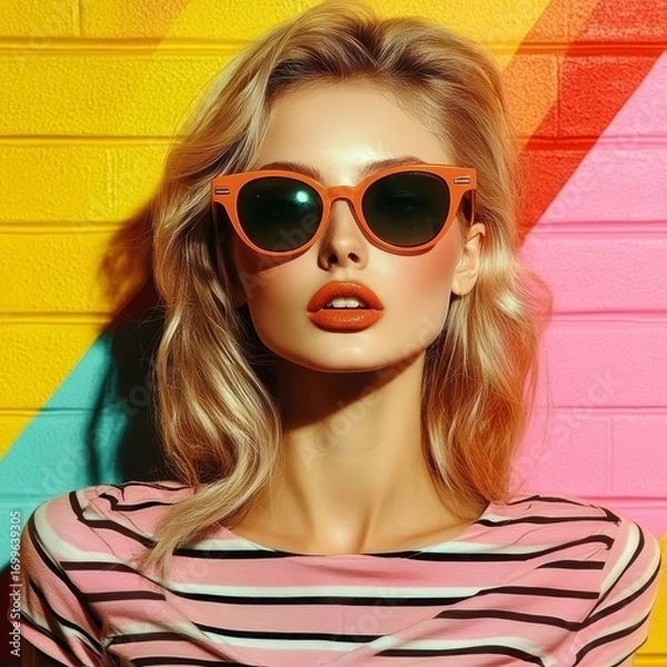 Fototapeta Pop art retro style pretty brunette young woman wearing headphones and sunglasses on vibrant colorful background. Created with, Generative AI
