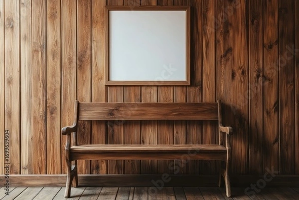 Fototapeta Wooden bench near wood lining paneling wall with blank mock up poster frame. Farmhouse interior design of modern entrance hall, Generative AI