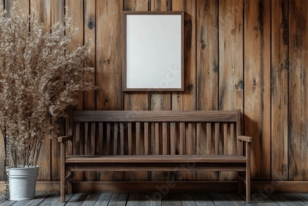 Fototapeta Wooden bench near wood lining paneling wall with blank mock up poster frame. Farmhouse interior design of modern entrance hall, Generative AI