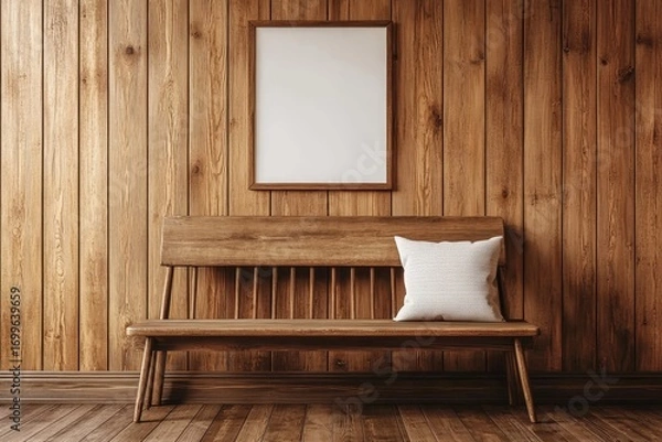 Fototapeta Wooden bench near wood lining paneling wall with blank mock up poster frame. Farmhouse interior design of modern entrance hall, Generative AI