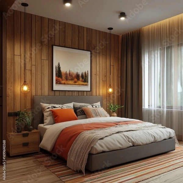 Fototapeta Scandinavian style interior design of modern bedroom, Generative AI