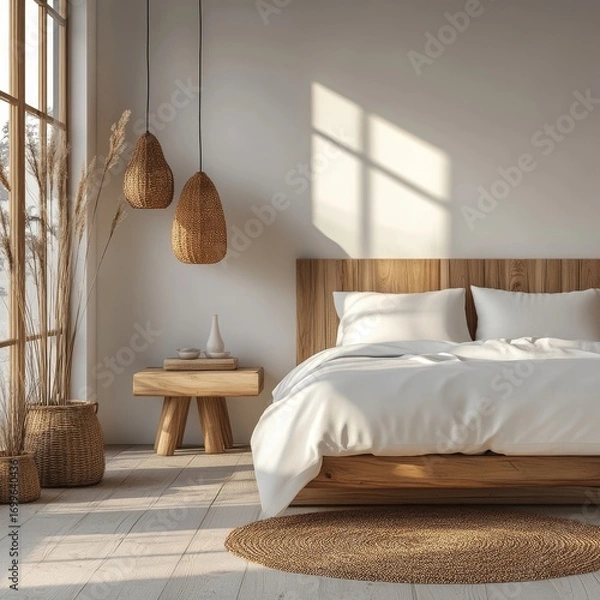 Fototapeta Scandinavian style interior design of modern bedroom, Generative AI