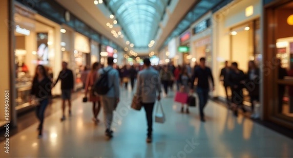 Fototapeta A blurred, lively scene inside a modern shopping center, showing numerous individuals moving amidst brightly lit retail displays.