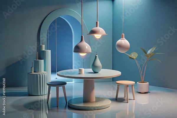 Fototapeta Minimalist Interior Scene with Round Table and Hanging Lamps dining 3D