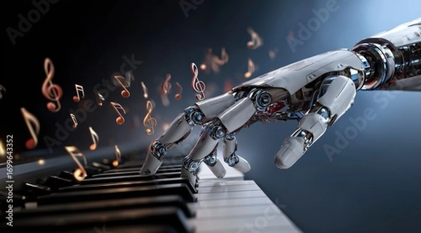 Fototapeta Une main de robot jouant du piano avec des notes de musique flottant dans l'air, représentant la capacité de l'intelligence artificielle à créer et à jouer de la musique.