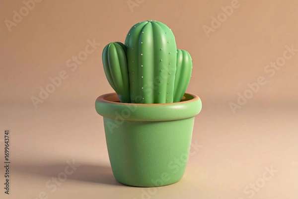 Fototapeta Small Green Cartoon Cactus in a Pot Against a Beige 3D Background plant succulent