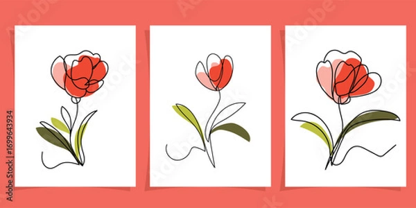 Fototapeta SET Continuous one line drawing of Pink Tulip flower with Green leaves isolated on white background. Line art. Concept of nature, ecology, organic shapes, Floral Art, Botanical Design