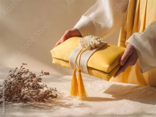 Fototapeta Top View of Korean Yellow Silk Bojagi Gift Wrapping with Flower Knot and Tassel in Hanbok Sleeves