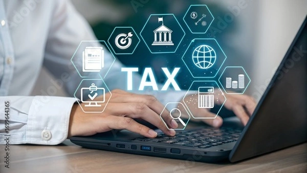 Fototapeta Online Tax Filing: Business Person Using Laptop for Income Tax Return and Calculation