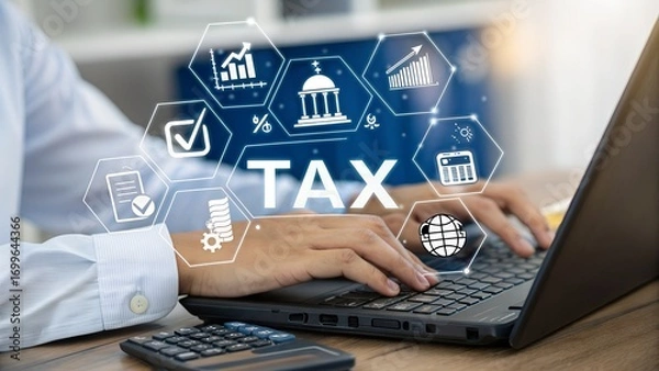 Fototapeta Online Tax Filing: Business Person Using Laptop for Income Tax Return and Calculation
