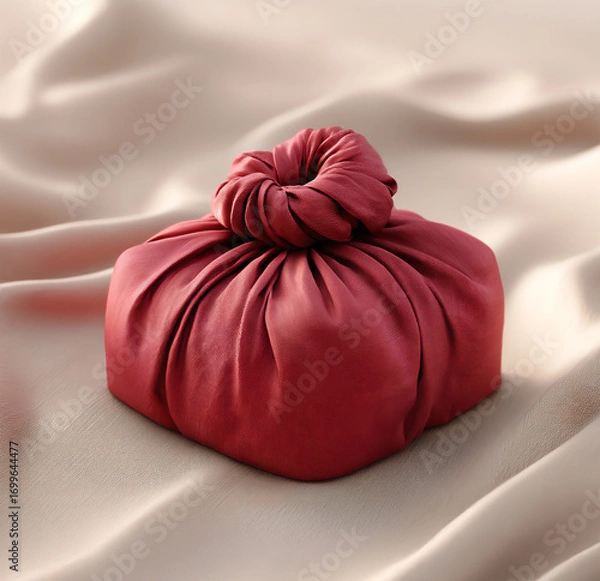Fototapeta Traditional Korean Red Silk Gift Wrapping with Knot with soft background
