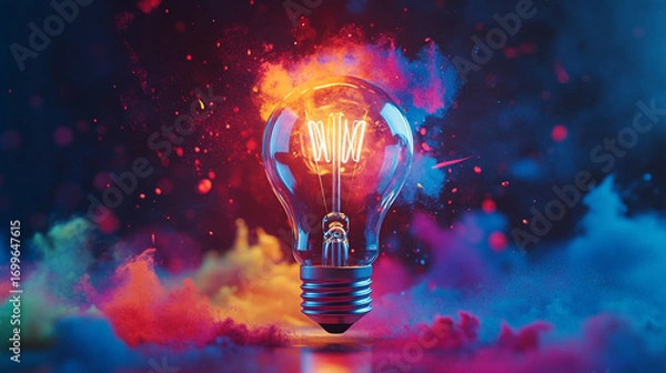Fototapeta Glowing lightbulb surrounded by vibrant colorful smoke a creative concept