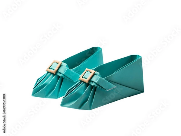 Obraz Pair of Teal Geometric Paper Origami Shoes Isolated on Transparent Background with Tan Buckle Detail and Folded Design Fashion Accessory Concept