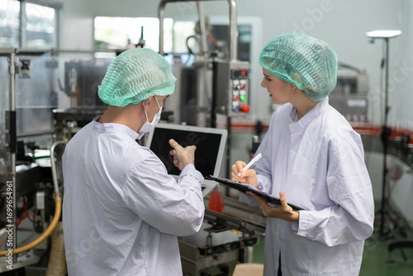 Fototapeta quality supervisor or food or beverages technician inspection about condition control food or beverages before send product to the customer. Production leader recheck machine and productivity.