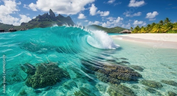Fototapeta Perfect turquoise wave curls towards a pristine white sand beach at a luxury Bora Bora resort with the iconic Mount Otemanu in the background