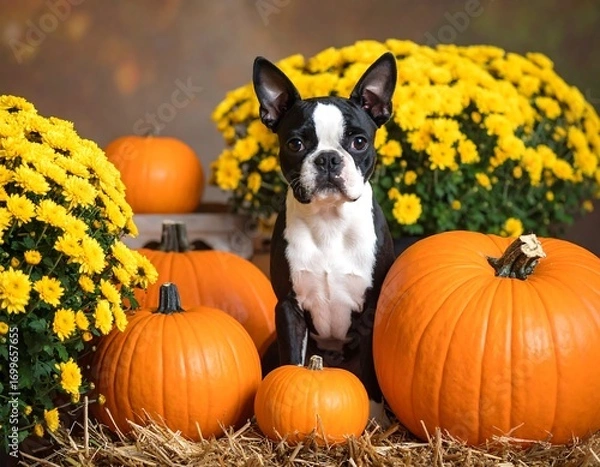 Obraz Festive autumn portrait: A Boston Terrier amidst pumpkins and fall mums