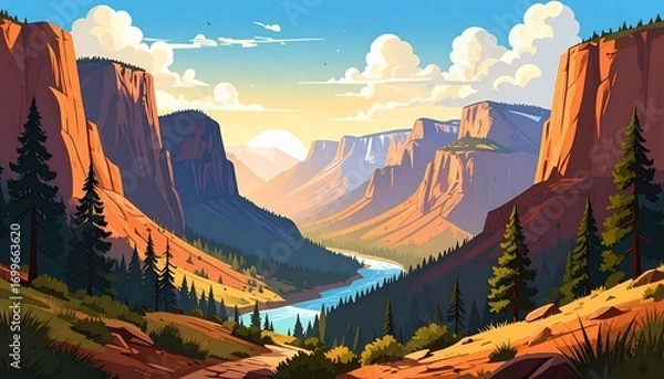 Obraz Spectacular scenic vista of a vibrant canyon landscape at sunset with a winding river