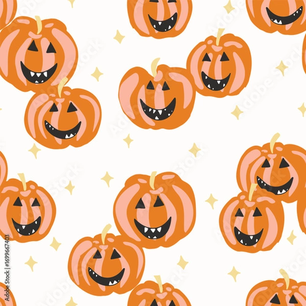 Fototapeta Happy shining jack-o'-lanterns with stars in Halloween colors of orange, peach, yellow and black on off white background. Abstract holiday seamless vector pattern. Great for home decor, fabric, gifts