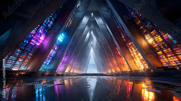 Fototapeta A futuristic cathedral of ice radiating vibrant colors, evoking awe and wonder.