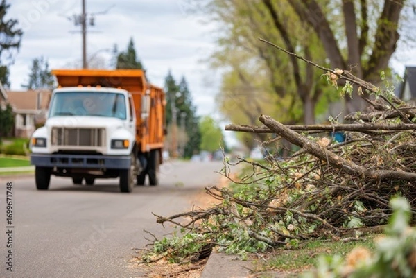 Fototapeta Tree Branch Pickup Concept: Curbside Waste Disposal and Collection of Brush and Limbs