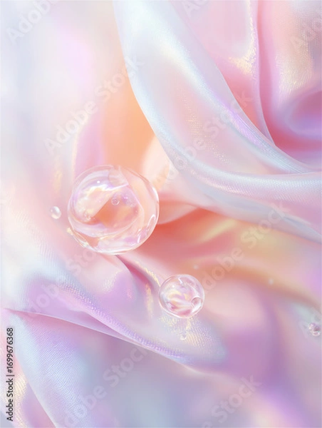 Fototapeta ベビーピンクの優しい花と輝く水滴の背景