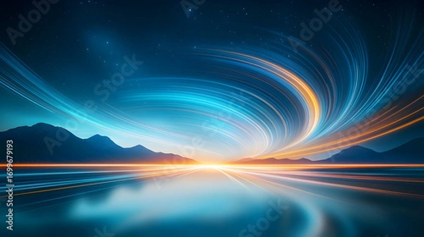 Fototapeta a movement of stars in the night sky with the view of mountains