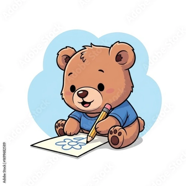 Fototapeta A cute cartoon teddy bear character drawing a flower on paper with a pencil.