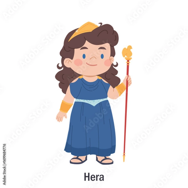 Obraz Ancient Greek goddess Hera. Olympian goddess of marriage character. Cartoon character of classical mythology. Deity with a scepter with a cuckoo and a diadem.