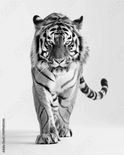 Obraz Intense black and white frontal portrait of a walking tiger in motion