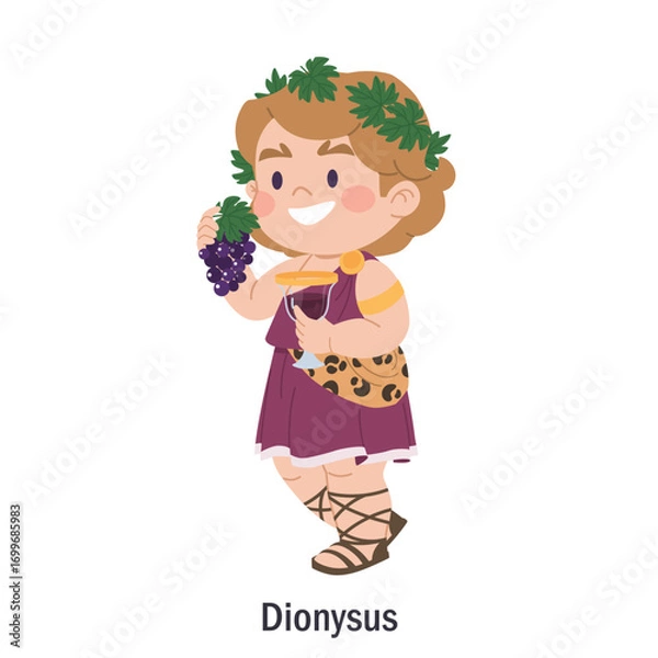 Obraz Ancient Greek god Dionysus. Character of the Olympic god of winemaking. Deity with grapes, a cup of wine and a wreath of leaves. Cartoon character of pagan religion, European mythology