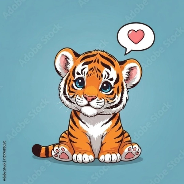Obraz Adorable Tiger Cub with Heart Bubble Cartoon Illustration.