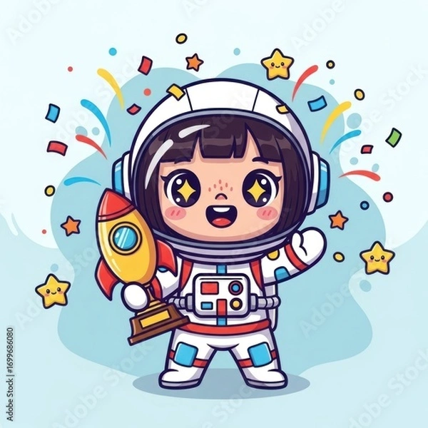 Fototapeta Cute Astronaut Child Holding Rocket Trophy Celebrating Victory with Confetti and Stars.