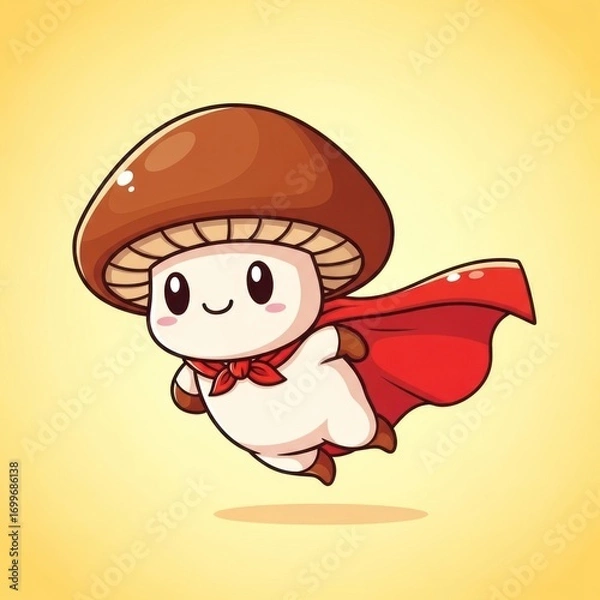 Fototapeta Cute Flying Mushroom Superhero Character with Red Cape and Scarf.