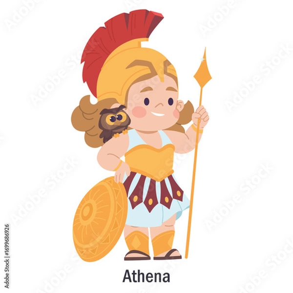 Obraz Ancient Greek goddess Athena. Character of the Olympic goddess of wisdom and just war. Deity with an owl, helmet, shield, armor and spear. Cartoon character of classical mythology