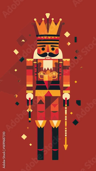 Fototapeta Flat minimalist vector illustration of colorful nutcracker soldier with crown, geometric shapes, traditional festive figure on red background for Christmas decor design
