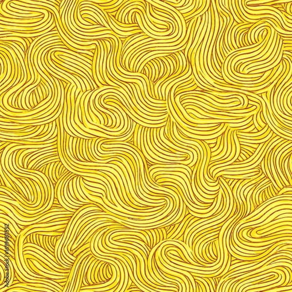 Fototapeta Seamless abstract pattern of flowing yellow noodle shapes with smooth curved lines for food or texture background design