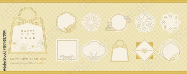 Obraz 2026年 新年お正月の午年の水引フレーム枠:シンプルな干支の馬や福袋モチーフを含む日本の年賀飾り