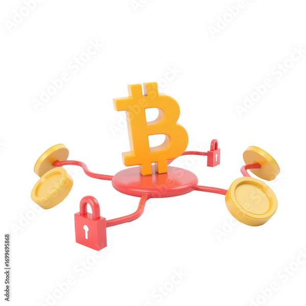 Obraz Blockchain security symbols cartoon illustration in a digital environment