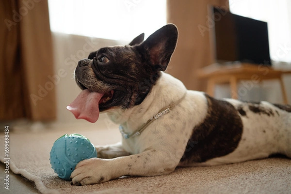 Fototapeta French Bulldog lying on carpet holding blue textured ball toy with mouth open and tongue out, looking to side in bright indoor setting, showing playful and relaxed behavior
