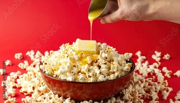 Obraz delicious buttery popcorn with melted butter being poured on top