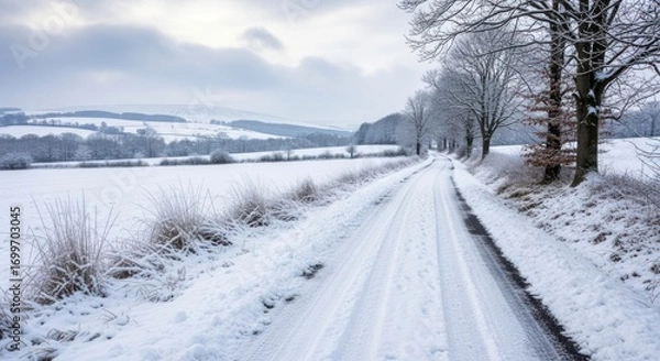 Fototapeta Snowy Country Road Winding Through Bare Winter Trees and Fields Under a Muted Sky