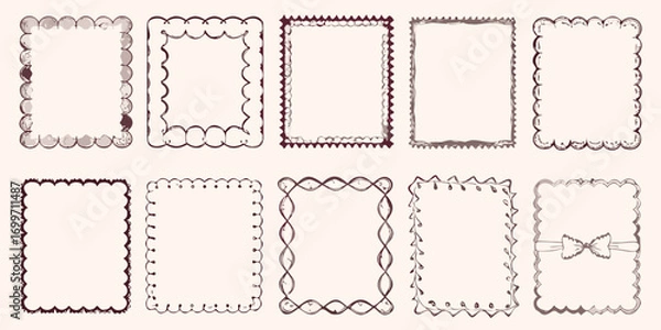 Fototapeta Collection of ten hand drawn decorative square frames with unique borders and scalloped edges